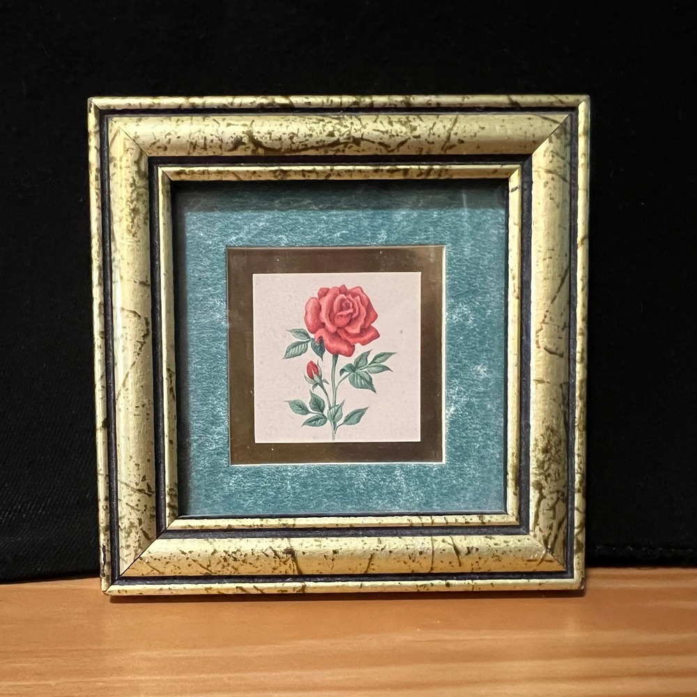 Vintage 1992 Kathy Seek‎ Rose Botanical Art Print Pretty Petal Gold Frame 5x5